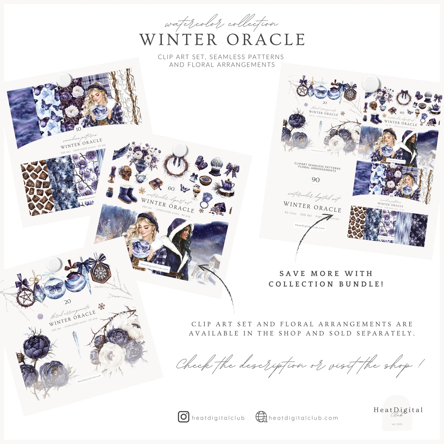 Winter Oracle - Seamless Patterns, Magical, Navy Violet, Mystical Scrapbook  | 10 JPEG
