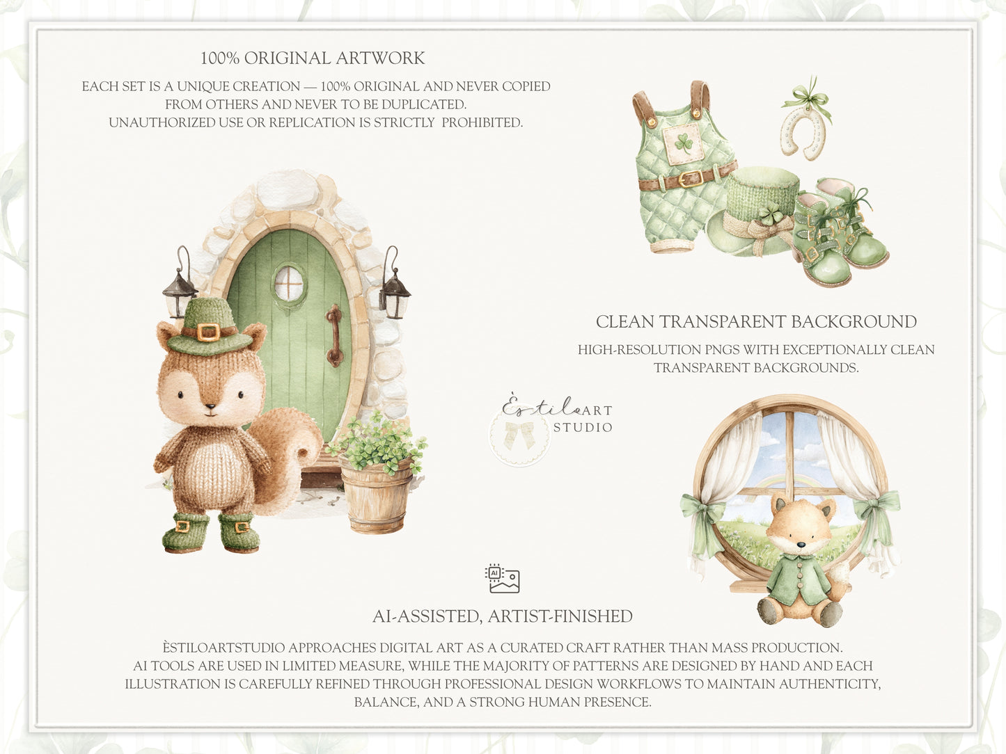 Lucky Atelier - Clipart, St Patrick’s Day Nursery, Irish Baby Toys, Clover, Green Vintage Children | 100 PNG/JPEG