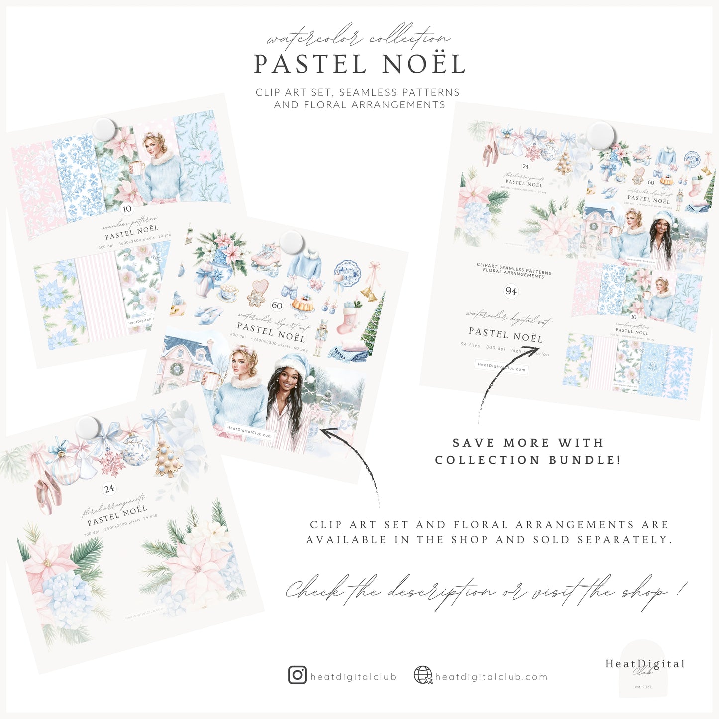 Pastel Noël - Seamless Christmas Patterns, Grandmillennial, Pink Blue Chinoiserie | 10 JPEG