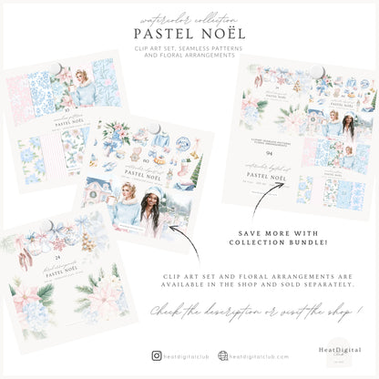 Pastel Noël - Seamless Christmas Patterns, Grandmillennial, Pink Blue Chinoiserie | 10 JPEG