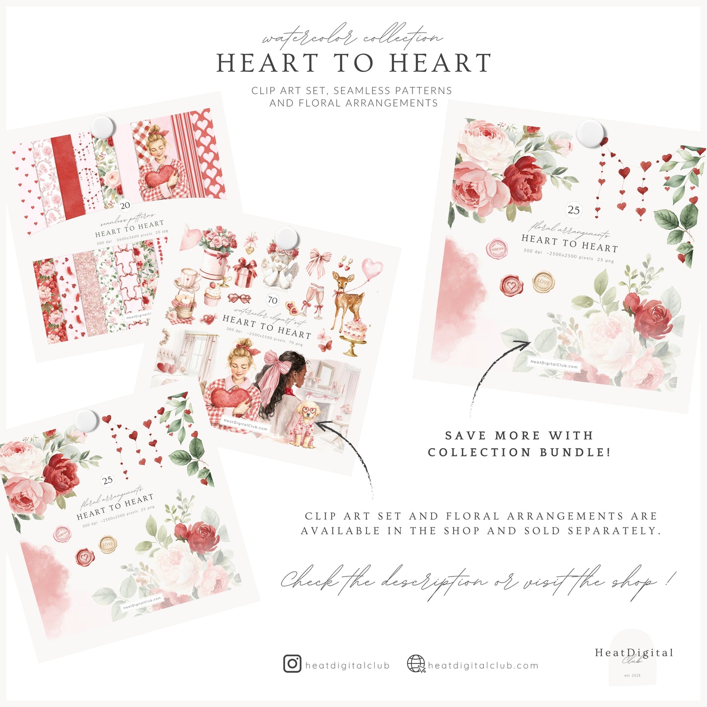 Heart to Heart - Valentine' Day Seamless Patterns, Red & Pink Romantic Love, Hearts Roses | 20 JPEG