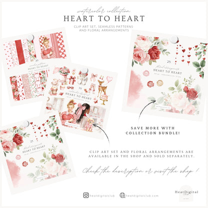 Heart to Heart - Valentine' Day Seamless Patterns, Red & Pink Romantic Love, Hearts Roses | 20 JPEG