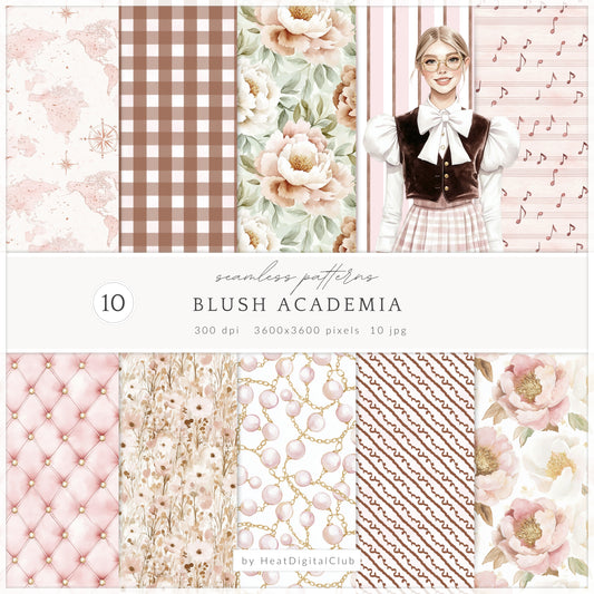 Blush Academia - Seamless Patterns, Light Academia, Pink Brown Peonies | 10 JPEG