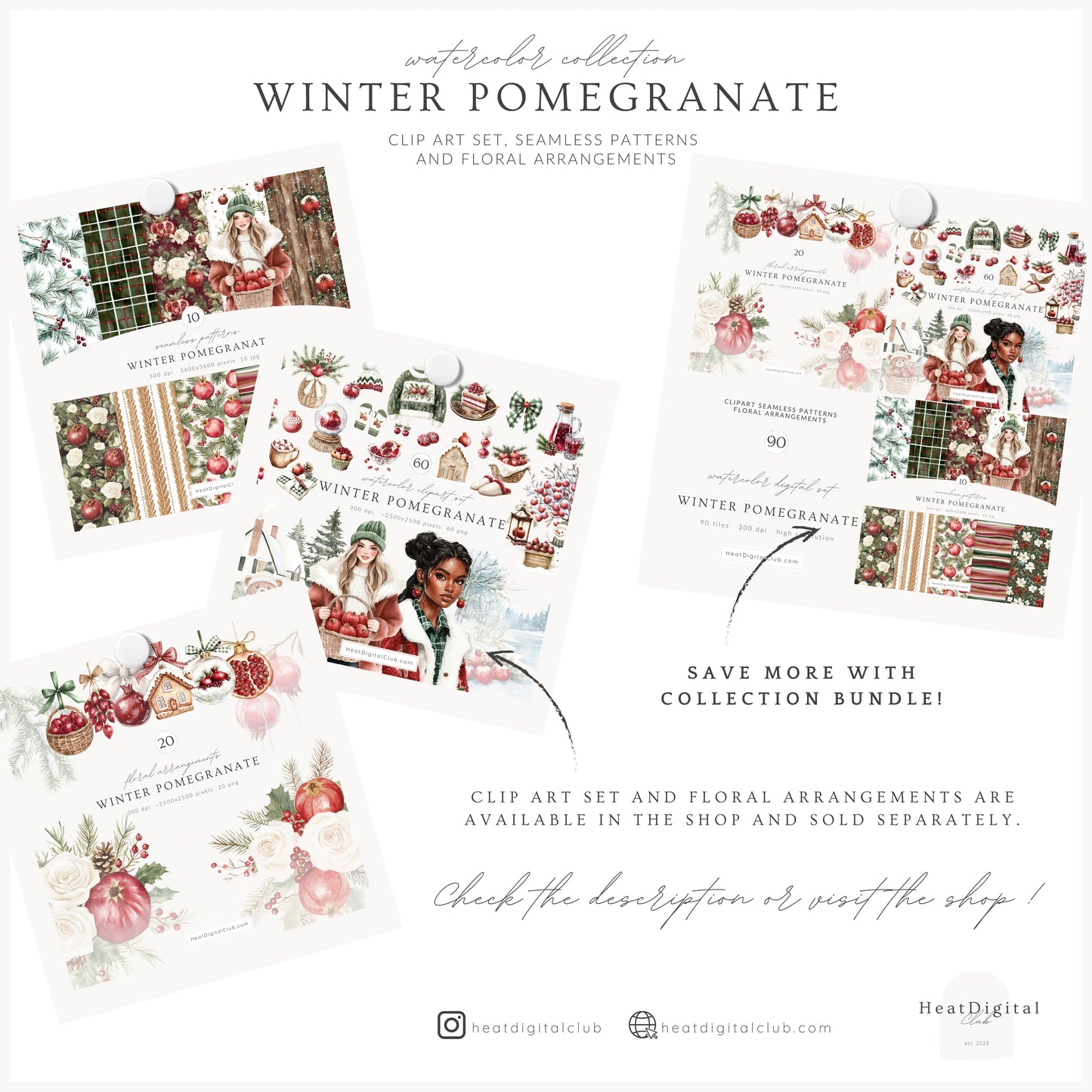 Winter Pomegranate - Seamless Patterns, Holiday Christmas, Fruit, Rustic | 10 JPEG