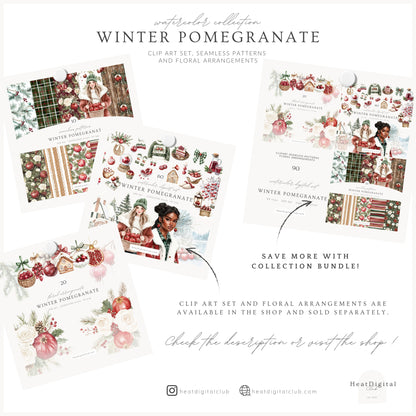 Winter Pomegranate - Seamless Patterns, Holiday Christmas, Fruit, Rustic | 10 JPEG