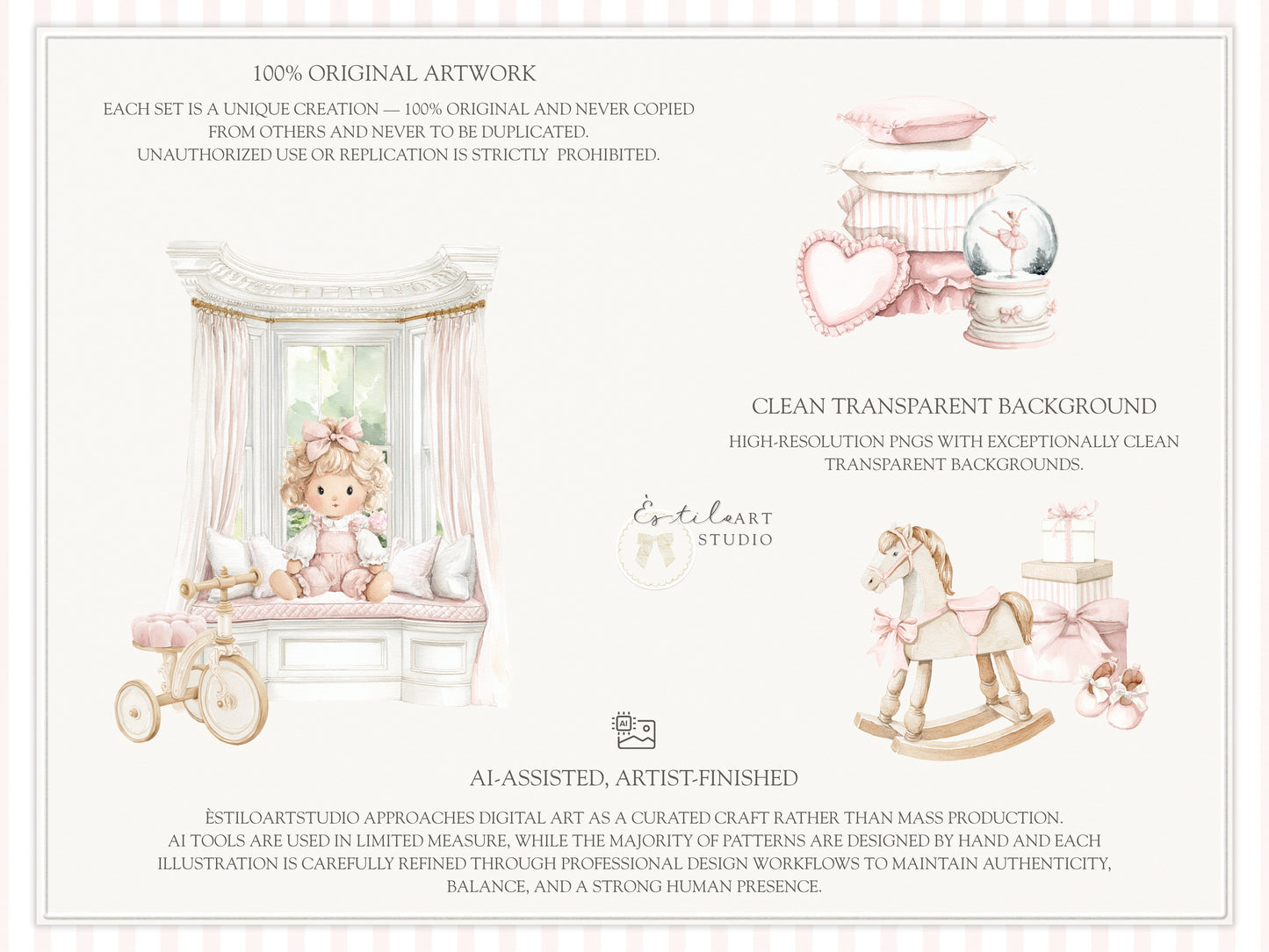 Coquette Atelier - Clipart Set, Soft Pink Baby Girl, Plush Toys, Nursery, Baby Shower | 97 PNG/JPEG