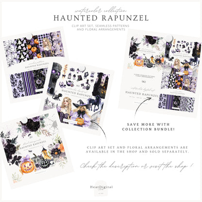 Haunted Rapunzel - Watercolor Seamless Patterns, Fairytale Gothic Halloween | 10 JPEG