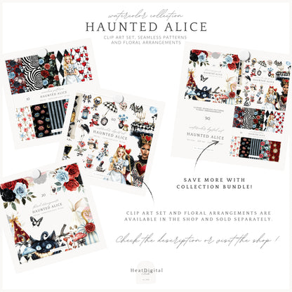 Haunted Alice - Seamless Patterns, Gothic Wonderland Halloween, Roses, Skulls | 10 JPEG