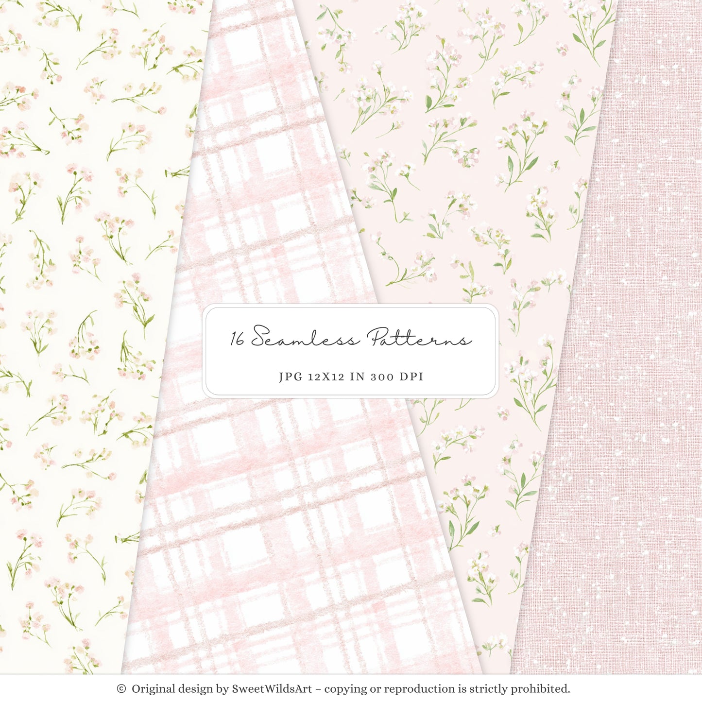 Sweet Meadow - Seamless Patterns, Spring Floral, Pink Gingham, Pastel Papers, Nursery | 16 JPEG