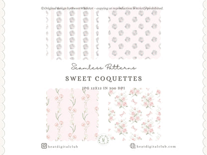 Sweet Coquettes - Seamless Patterns, Pink Digital Paper, Gingham Stripes Floral Patterns, Baby Girl | 10 JPEG