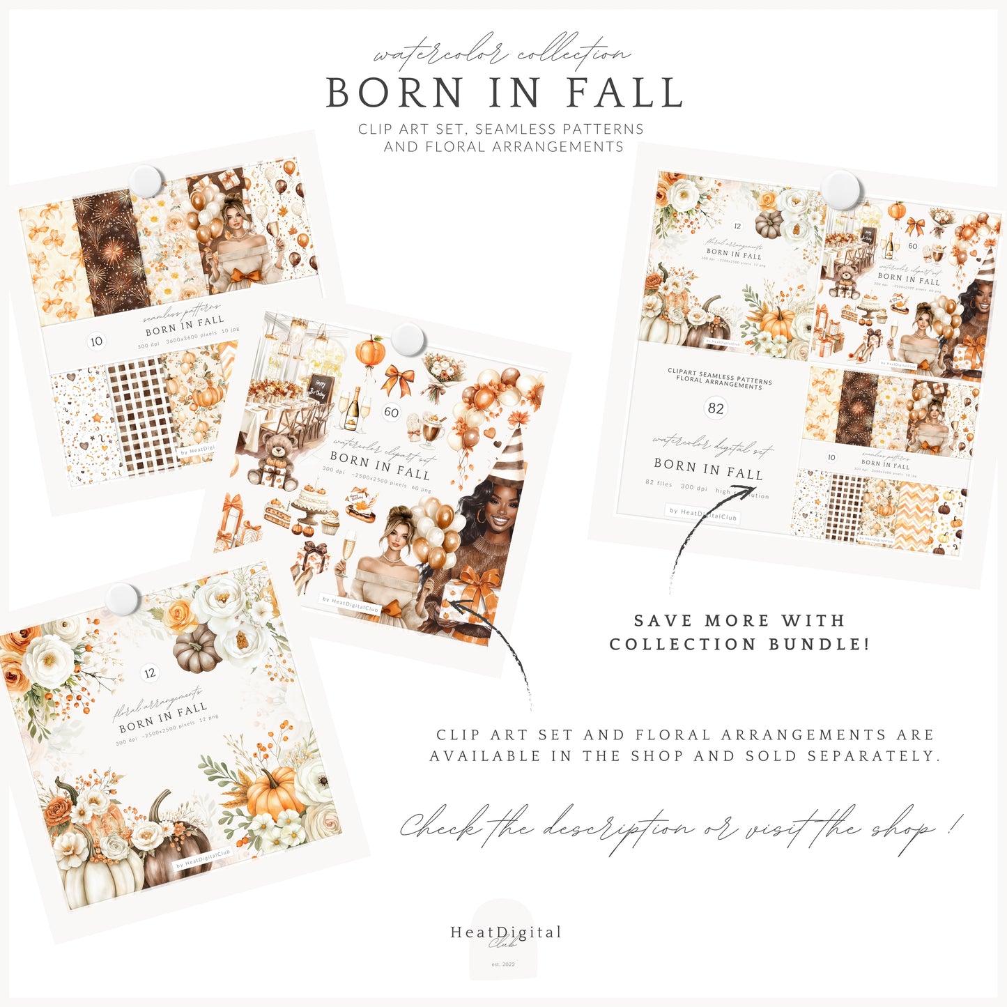 Born In Fall - Seamless Patterns, Autumn Party, Pumpkins and Balloons, Birthday | 10 JPEG