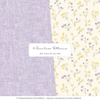 Sweet Easter - Seamless Patterns, Light Purple & Yellow Gingham, Stripes, Pastel Spring | 14 JPEG