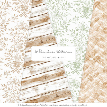 Cottage Classics - Seamless Patterns, French Countryside Elegant Gingham Floral, Rustic |