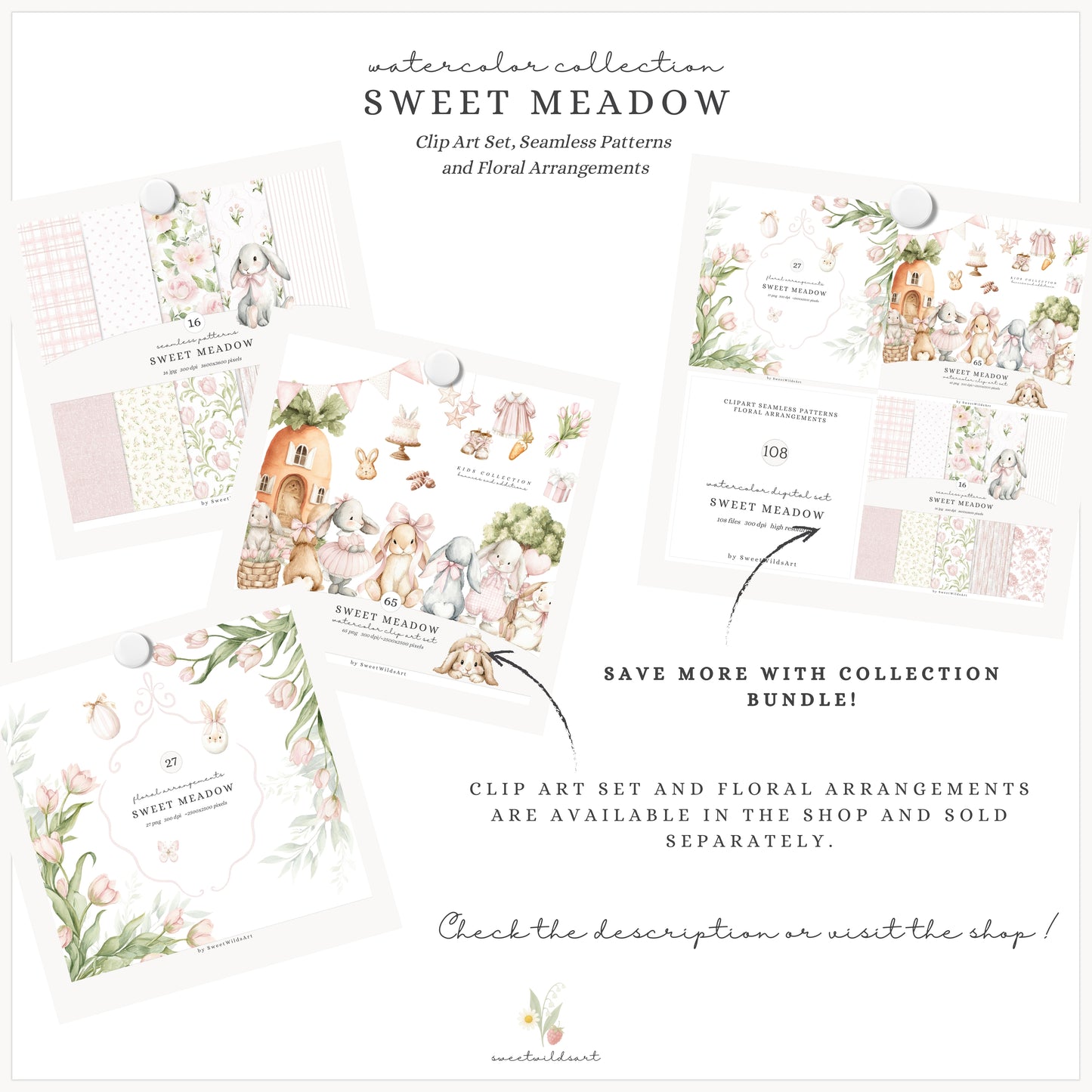 Sweet Meadow - Seamless Patterns, Spring Floral, Pink Gingham, Pastel Papers, Nursery | 16 JPEG
