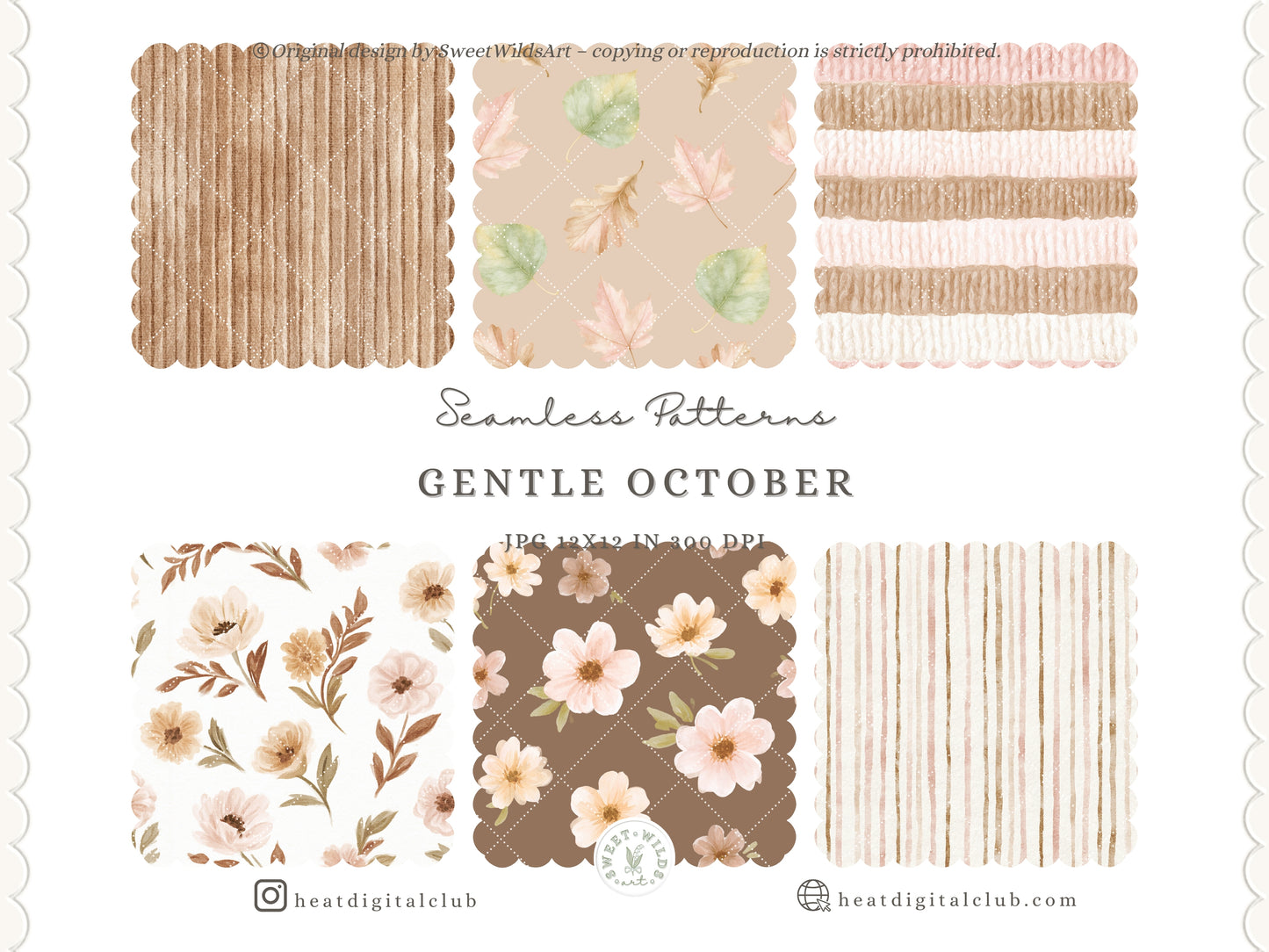 Gentle October - Watercolor Fall Seamless Patterns, Floral Plaid Collection | 12 JPEG