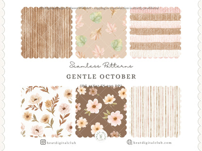 Gentle October - Watercolor Fall Seamless Patterns, Floral Plaid Collection | 12 JPEG