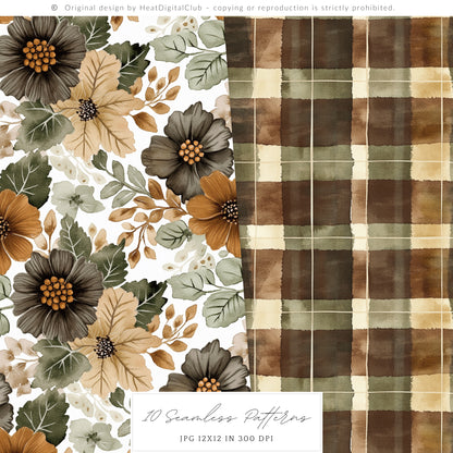 Autumn Gallery - Seamless Patterns, Fall, Pumpkin Botanical | 10 JPEG