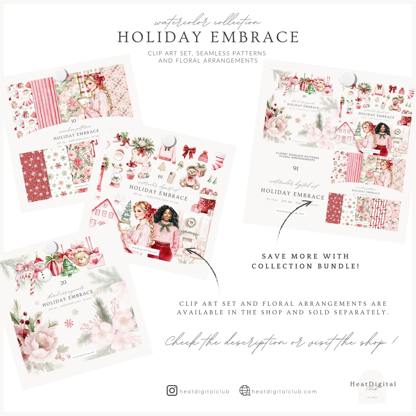 Holiday Embrace - Watercolor Seamless Patterns, Cozy Elegant Winter Christmas | 10 JPEG