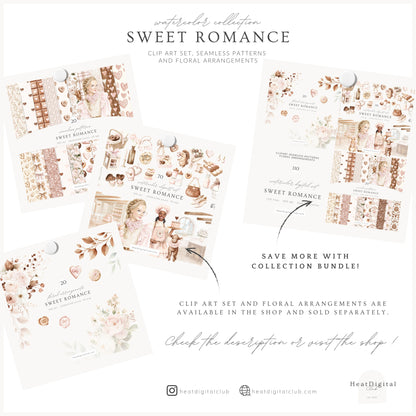 Sweet Romance - Seamless Patterns, Valentine Baking, Pink Brown, Romantic Love | 20 JPEG