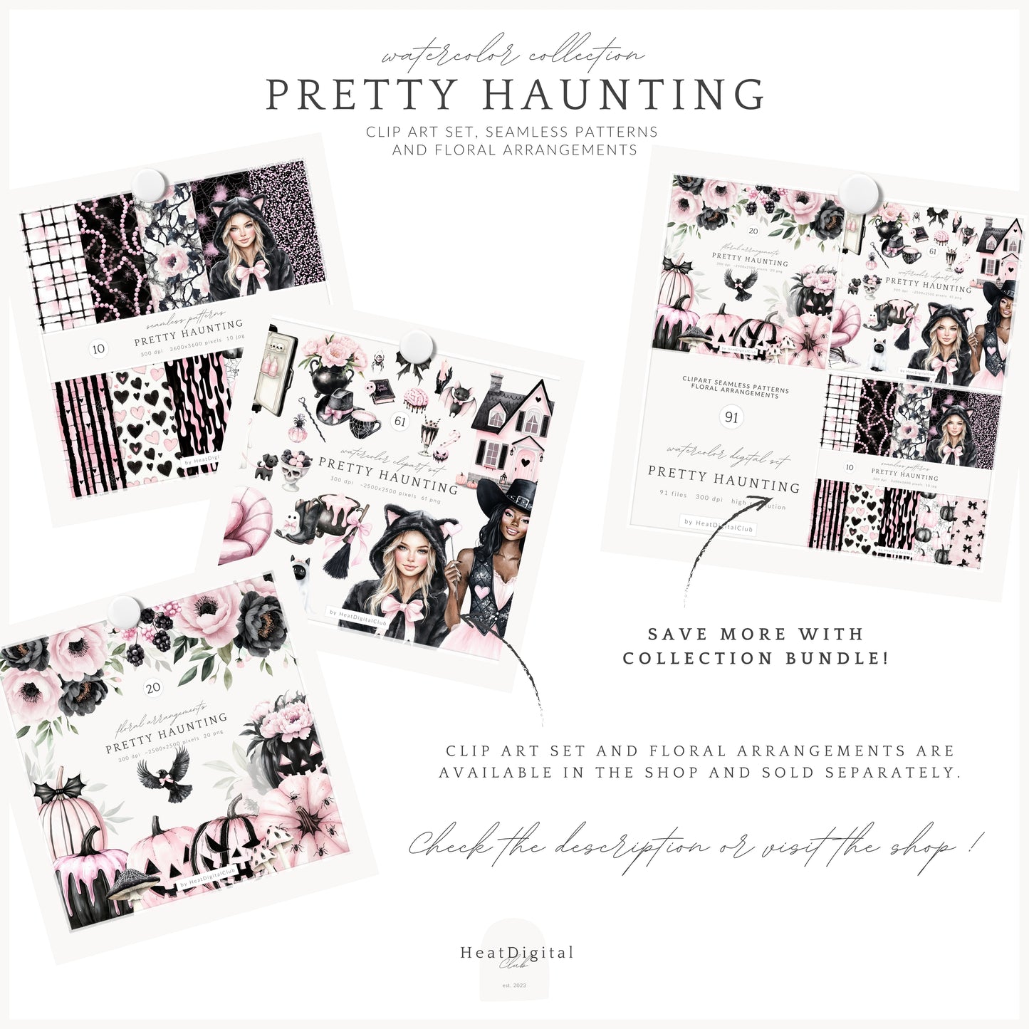 Pretty Haunting - Seamless Patterns, Black & Pink Gothic Halloween, Spooky  | 10 JPEG