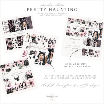 Pretty Haunting - Seamless Patterns, Black & Pink Gothic Halloween, Spooky  | 10 JPEG