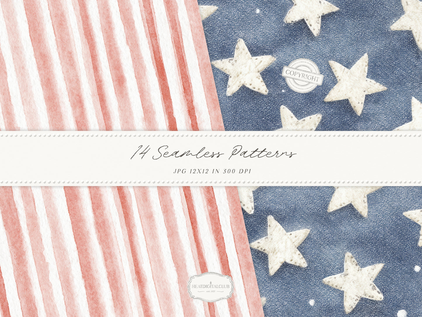Quiet Americana - Seamless Patterns, Patriotic, 4th of July, Vintage Floral Stripe Quilt, Soft Red Blue Patterns | 14 JPEG