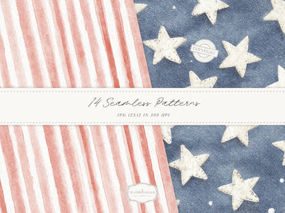 Quiet Americana - Seamless Patterns, Patriotic, 4th of July, Vintage Floral Stripe Quilt, Soft Red Blue Patterns | 14 JPEG