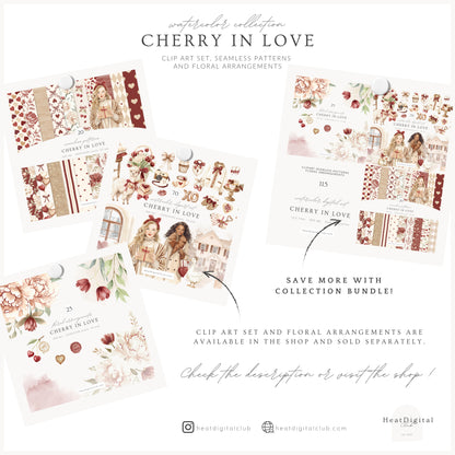 Cherry in Love - Valentine' Day Seamless Patterns, Romantic Love, Hearts Floral, Gingham | 20 JPEG