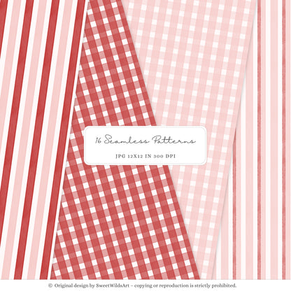 Holly Jolly - Christmas Seamless Patterns, Pink & Red Stripes, Holiday ,Winter | 16 JPEG