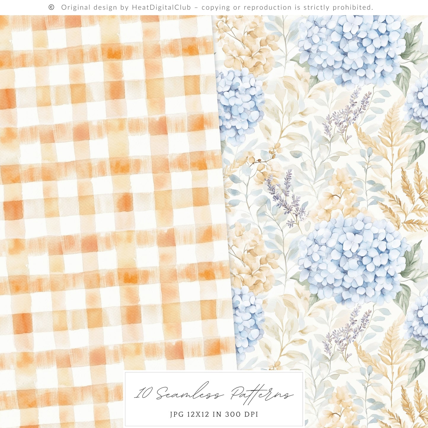 Autumn Shore - Seamless Patterns, Coastal Fall, Blue Orange Pumpkin | 10 JPEG