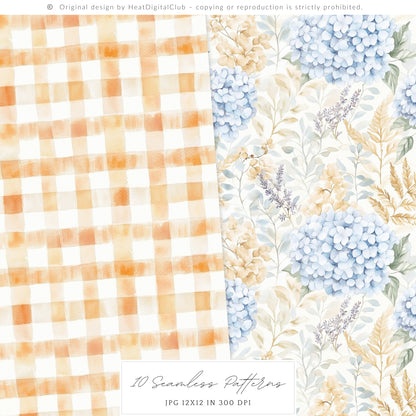 Autumn Shore - Seamless Patterns, Coastal Fall, Blue Orange Pumpkin | 10 JPEG