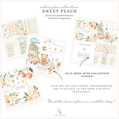 Sweet Peach - Seamless Patterns, Gingham, Cute Summer, Blossoms | 10 JPEG