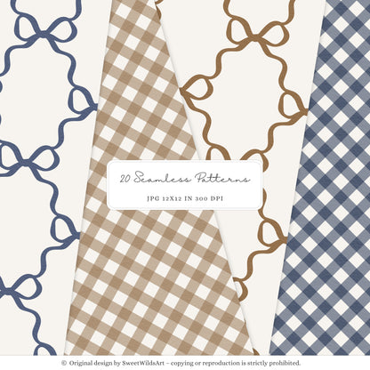 Winter Classics - Seamless Patterns, Blue Brown Tartan, Florals, Woodland, Nursery | 20 PNG