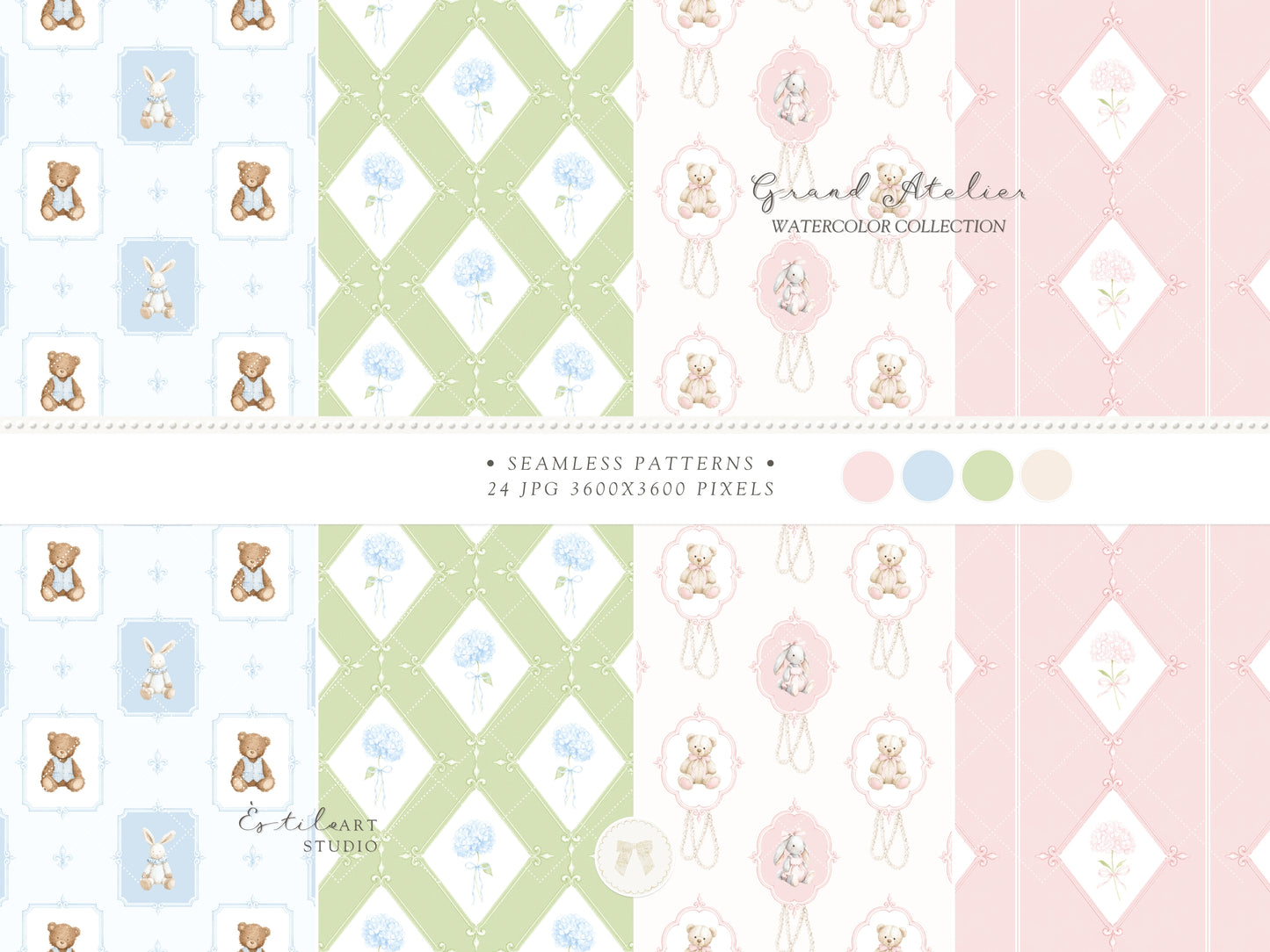 Grand Atelier - Seamless Patterns, Grandmillennial, Pastel Stripes, Gingham Check, Nursery, Vintage Baby | 24 JPEG