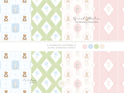 Grand Atelier - Seamless Patterns, Grandmillennial, Pastel Stripes, Gingham Check, Nursery, Vintage Baby | 24 JPEG