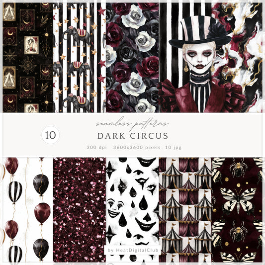Dark Circus - Seamless Patterns, Gothic, Burgundy, Halloween | 10 JPEG