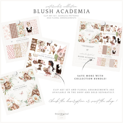 Blush Academia - Seamless Patterns, Light Academia, Pink Brown Peonies | 10 JPEG