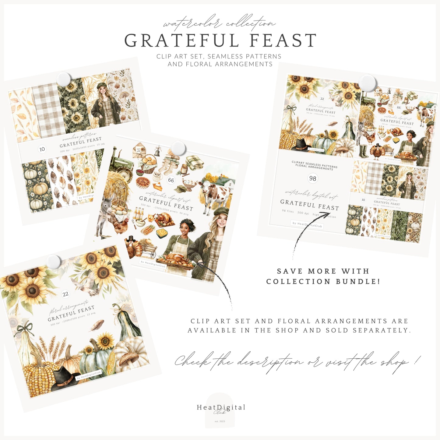 Grateful Feast - Seamless Pattern, Fall, Thanksgiving Pumpkin, Autumn Sunflower | 10 JPEG