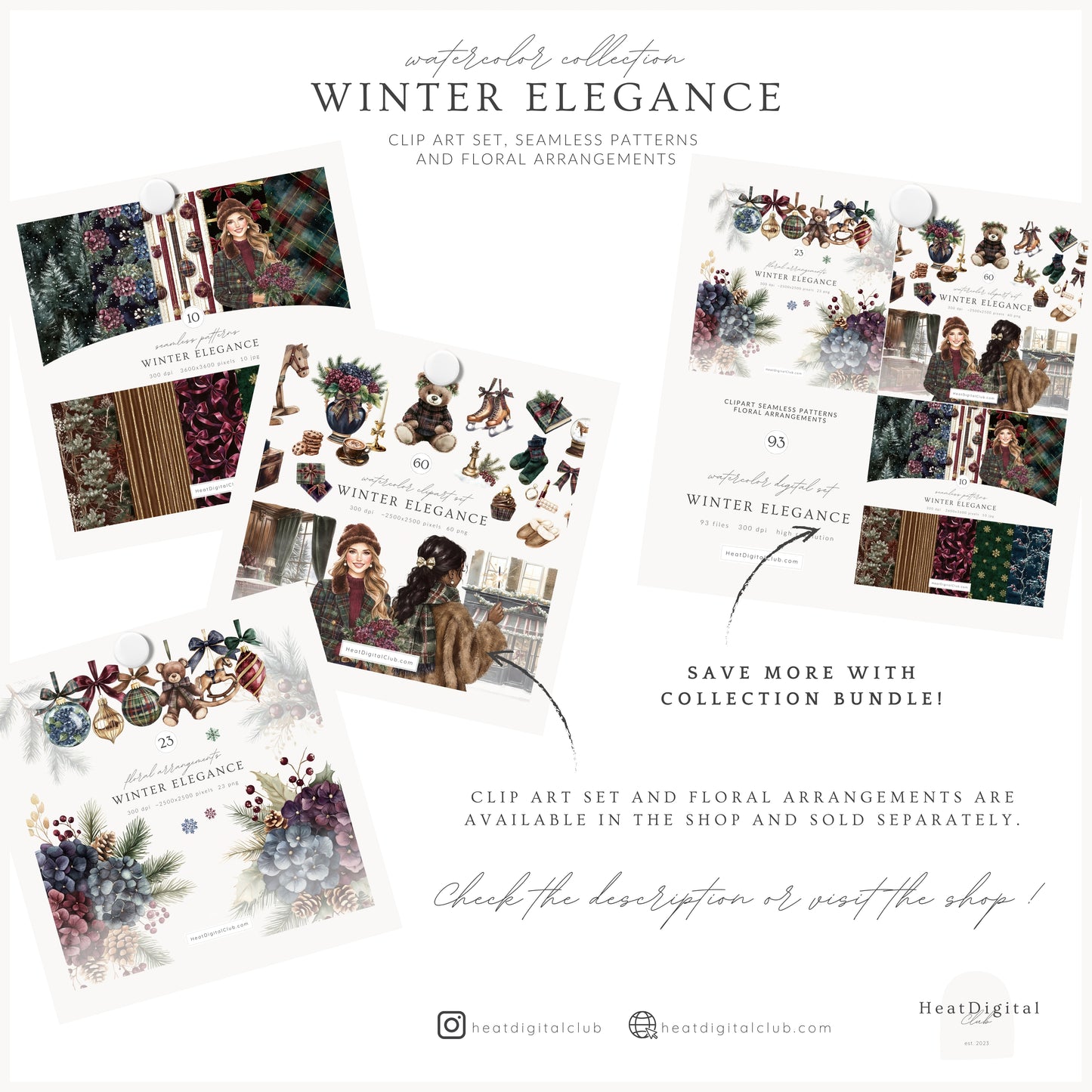 Winter Elegance - Watercolor Seamless Patterns, Moody Christmas Tartan, Holiday | 10 JPEG