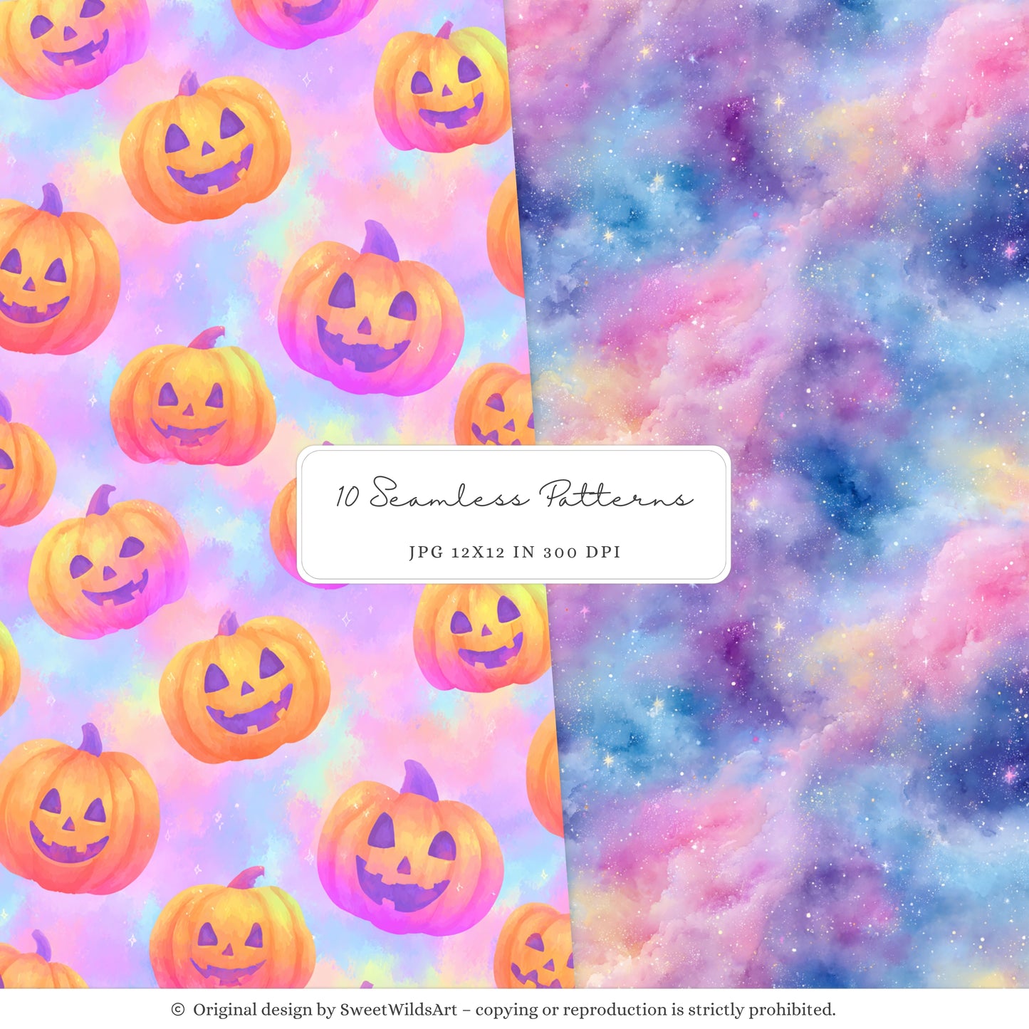 Glowlloween - Neon Seamless Halloween Patterns,Cute Ghost & Pumpkin | 10 JPEG