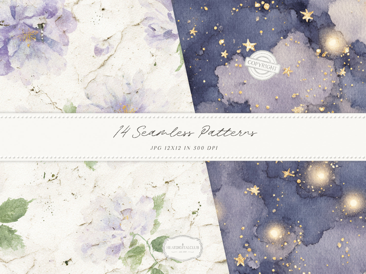 Firefly Garden - Seamless Patterns, Summer Lavender Night Sky, Botanical Patterns, Cottagecore | 14 JPEG