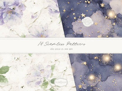 Firefly Garden - Seamless Patterns, Summer Lavender Night Sky, Botanical Patterns, Cottagecore | 14 JPEG