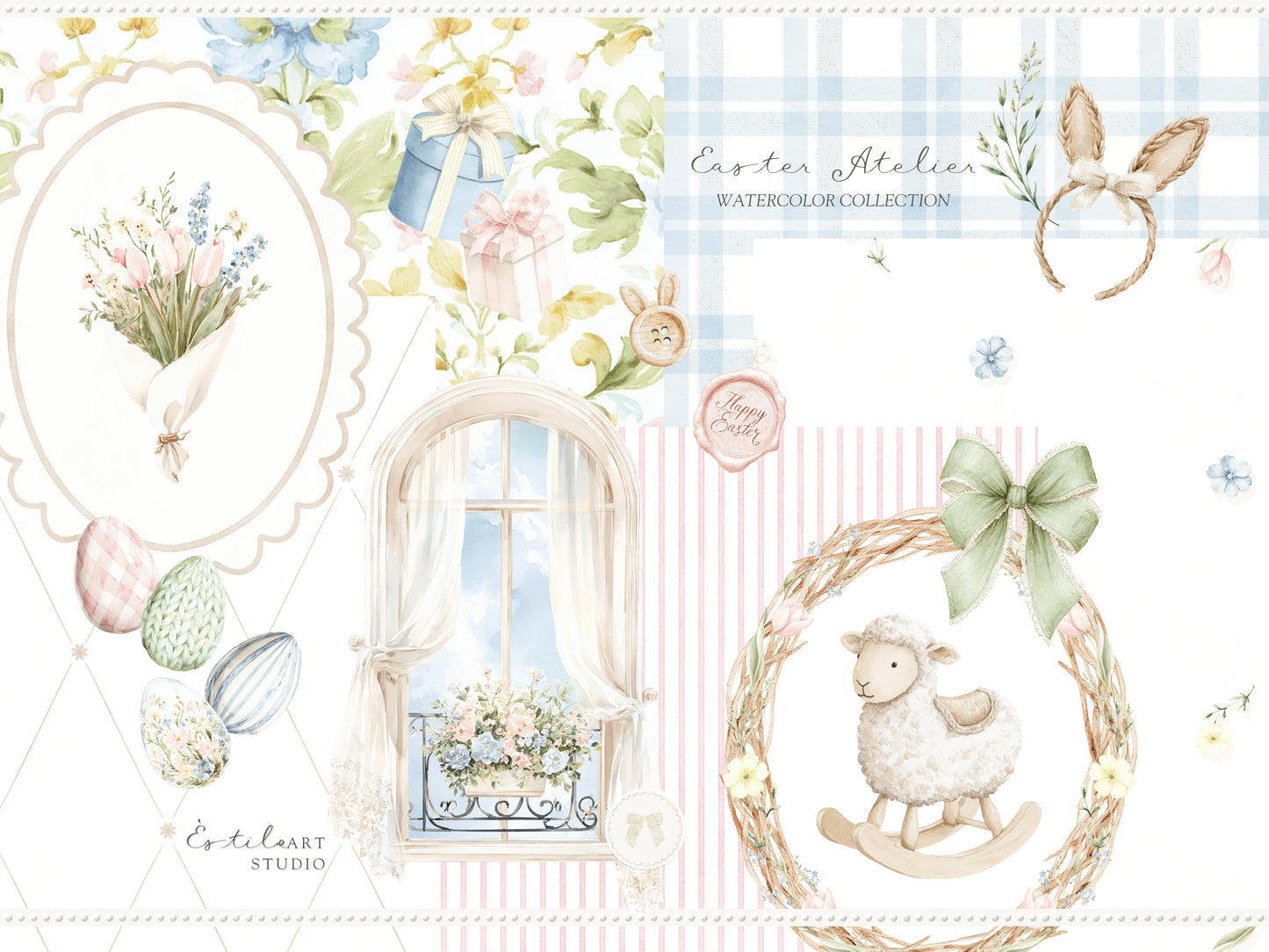 Easter Atelier - Clipart Set, Heirloom Nursery Easter, Plush Bunny Toys, Pastel Eggs | 117 PNG/JPEG