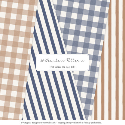 Winter Classics - Seamless Patterns, Blue Brown Tartan, Florals, Woodland, Nursery | 20 PNG