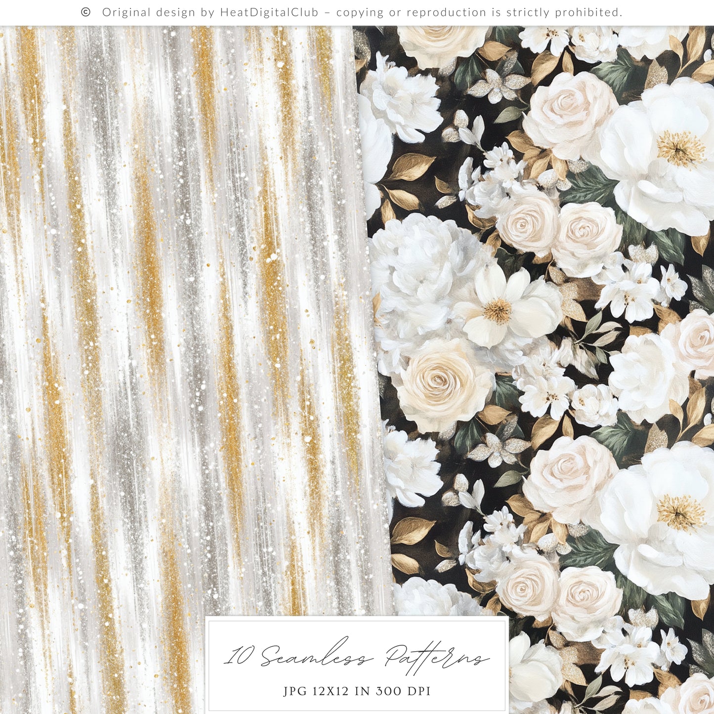 Happy New Year - Seamless Patterns, Black Gold Silver, Glitter Balloons Stars, Festive | 10 JPEG