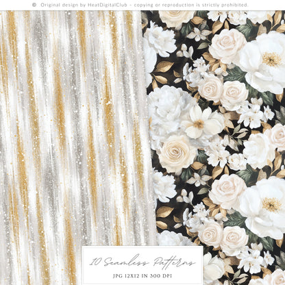 Happy New Year - Seamless Patterns, Black Gold Silver, Glitter Balloons Stars, Festive | 10 JPEG