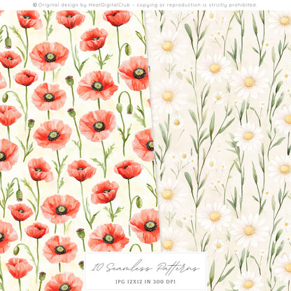 Alpine Summer - Seamless Patterns, Countryside Wildflower, Poppies | 10 JPEG