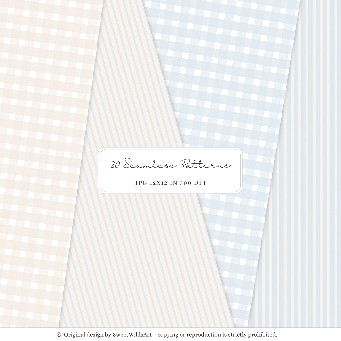 Winter Geese - Winter Seamless Patterns, Soft Blue Beige Plaid, Stripes | 20 JPEG