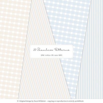 Winter Geese - Winter Seamless Patterns, Soft Blue Beige Plaid, Stripes | 20 JPEG