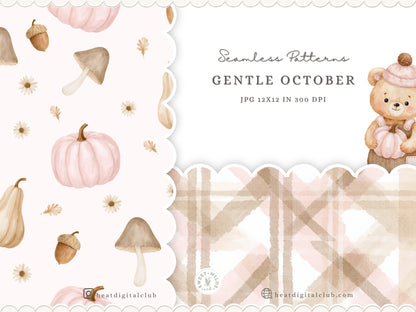 Gentle October - Watercolor Fall Seamless Patterns, Floral Plaid Collection | 12 JPEG